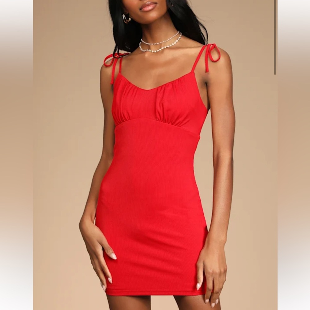 Lulus Ever So Sweet Red Ribbed Tie-Strap Bodycon Mini Dress